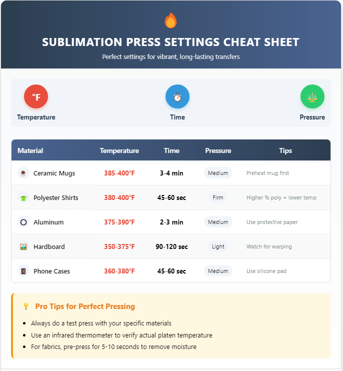 A color full chart of heat press temperature for sublimation by subli genius print