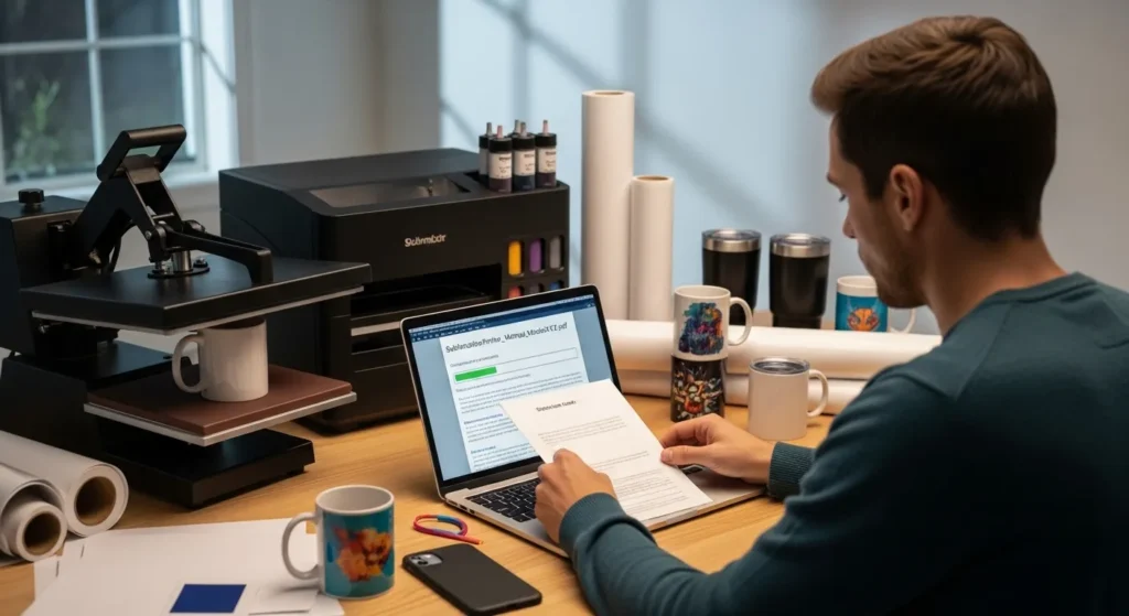 A man download printer user manual in her lap top on a table , a sublimation environment scene 