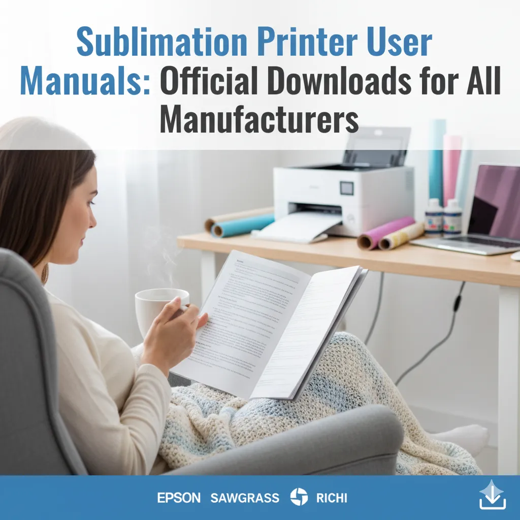 A woman reading user manual in a sublimation workshop.