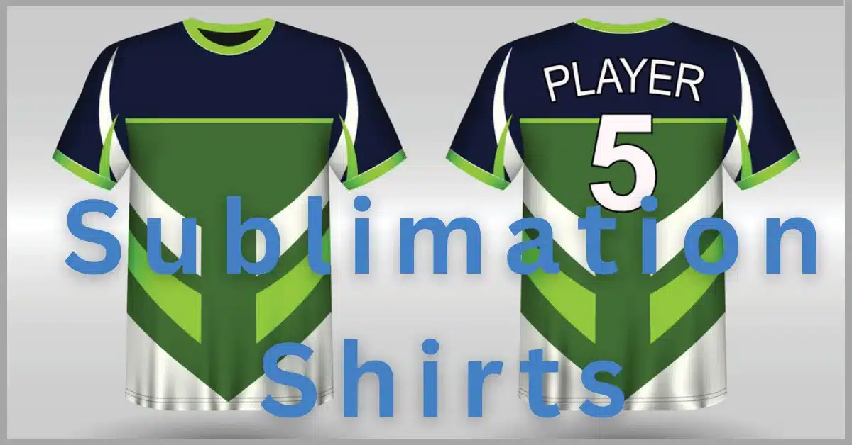 Two sublimation shirts with a green and blue design on a gray background. (Sublimation Shirts)