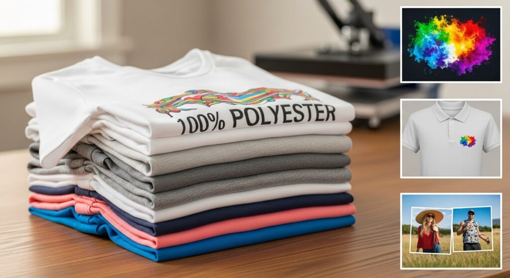Polyester and performance shirts for sublimation printing with vibrant full-color designs on a wooden table.