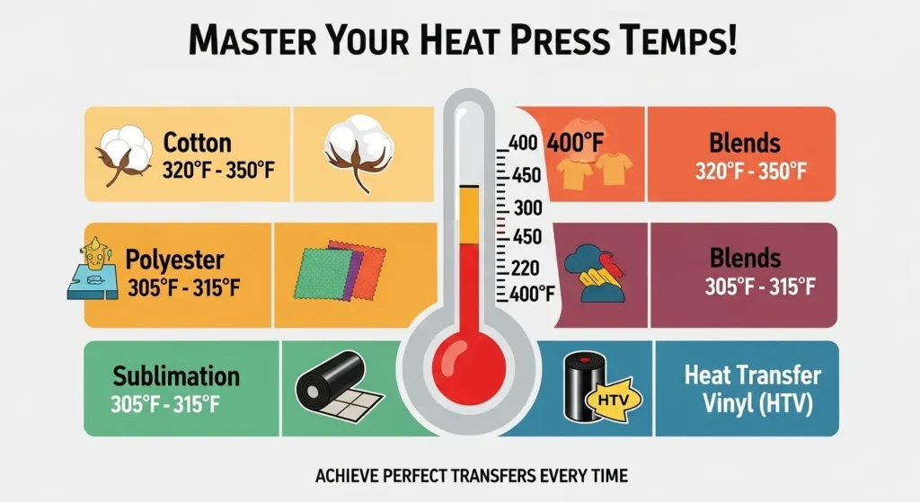 A visual info-graphic of heat press and its setting for different things.