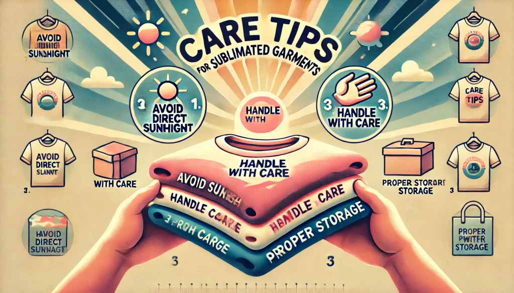 A colorful instructional image titled "Care Tips for Sublimated Garments." It highlights three key care tips.