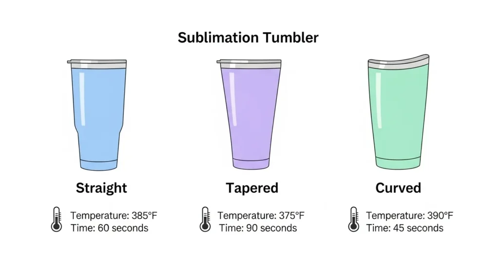 Comparison chart showing sublimation temperature and time for straight, tapered, and curved tumblers.