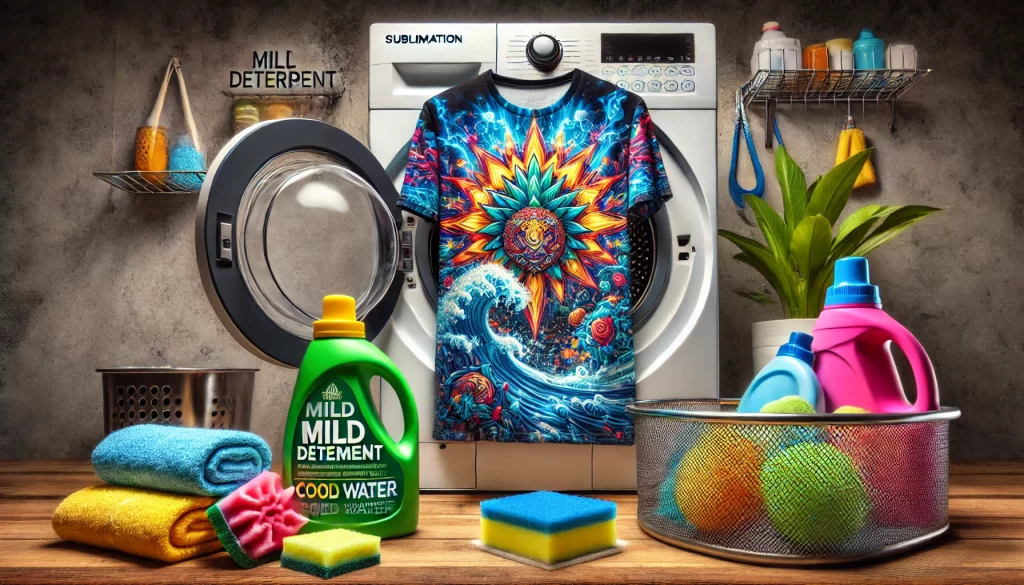 A wide-angle view of a colorful sublimation-printed shirt near a washing machine, surrounded by laundry items like mild detergent, towels, sponges, and a mesh basket with detergent bottles.