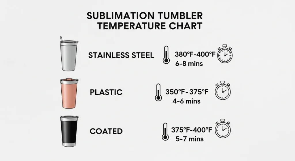 Infographic showing ideal sublimation tumbler temperature and time for stainless steel, plastic, and coated tumblers.
