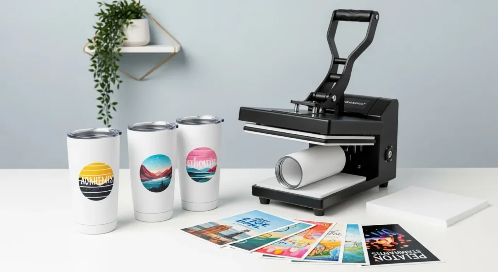 Assorted 20 oz sublimation tumbler blanks in various finishes displayed on a workspace table, ideal for wholesale and DIY projects.