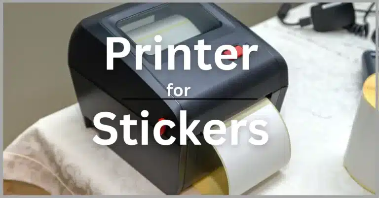 A black printer with a roll of stickers coming out of it on a white table.