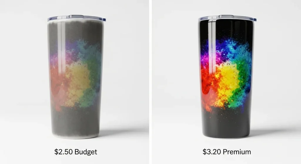 Side-by-side comparison showing print quality difference between cheap and premium sublimation tumbler blanks after multiple washes.