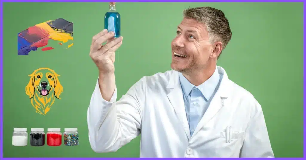 A person in a lab coat holding a blue coating with a green background(Crafting Your Sublimation Coating Liquid)