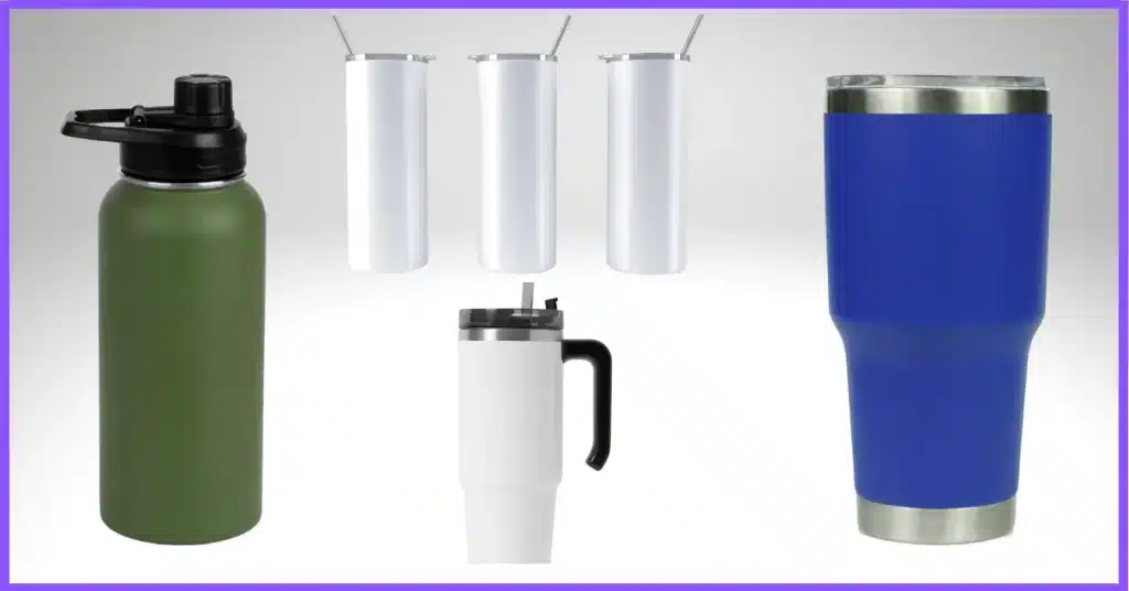 A photo of six different types of drinkware for sublimation printing. (Sublimation Tumbler Blanks)