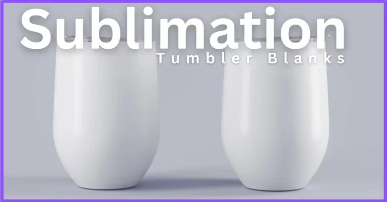 A promotional image of two white tumblers for sublimation printing on a light purple background.