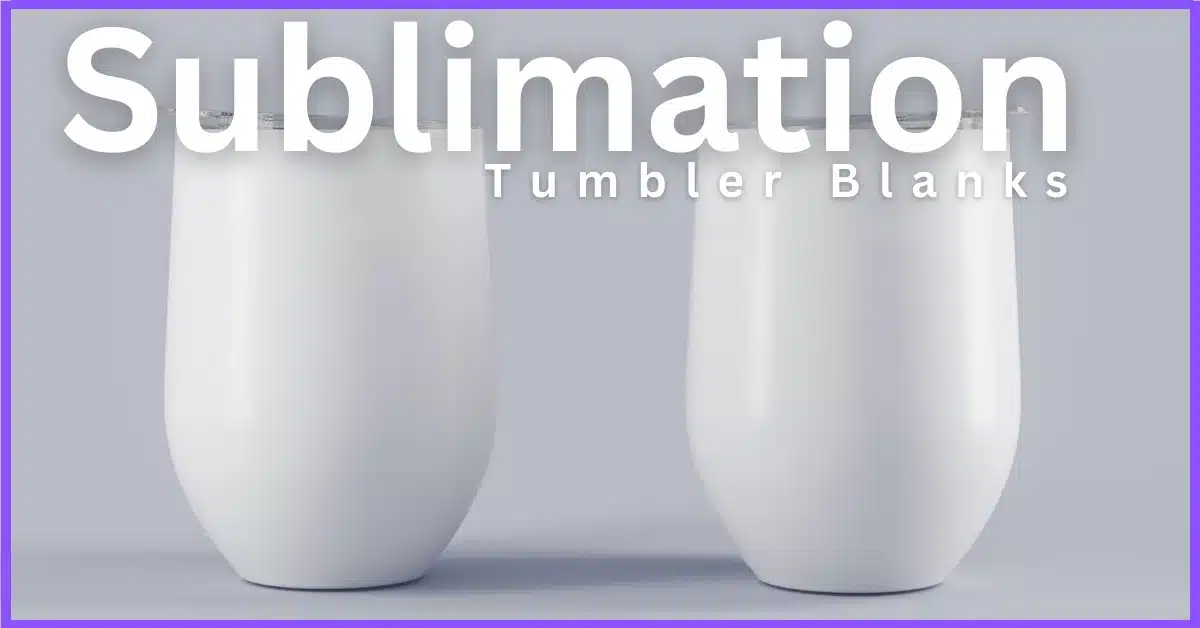 A promotional image of two white tumblers for sublimation printing on a light purple background.