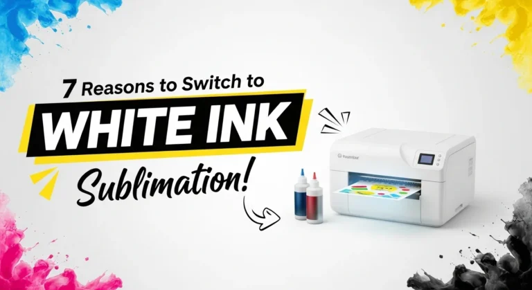 Eye-catching thumbnail showing a white ink sublimation printer with bright CMYK colors and bold headline text.