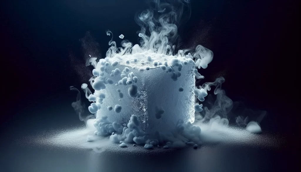 Dry ice sublimating from a solid to a gas.