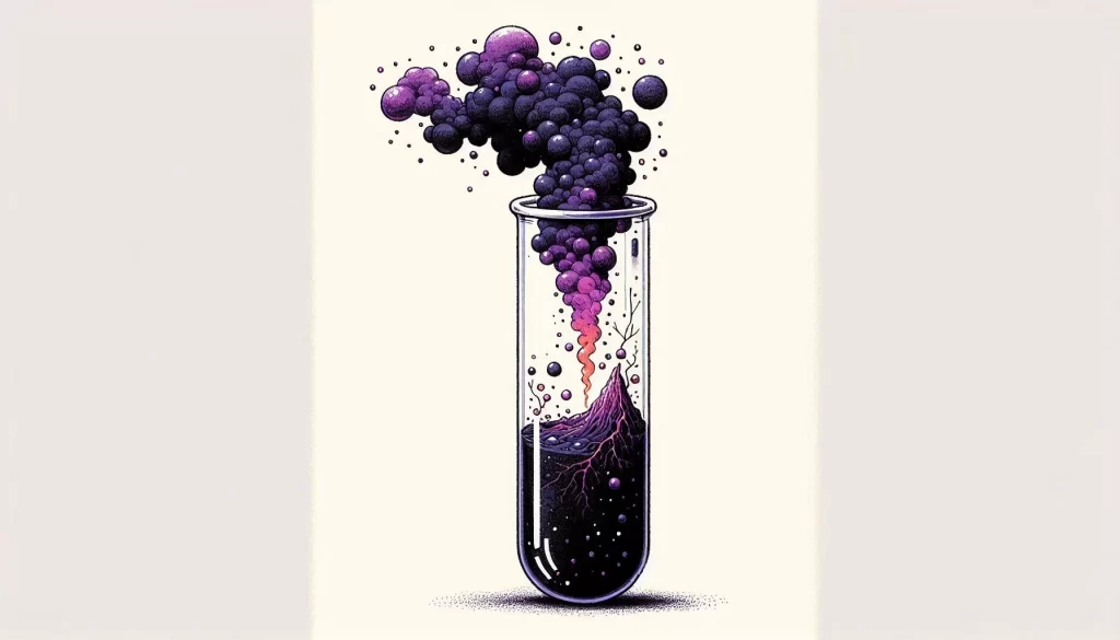 Test tube with dark substance sublimating into purple gas.