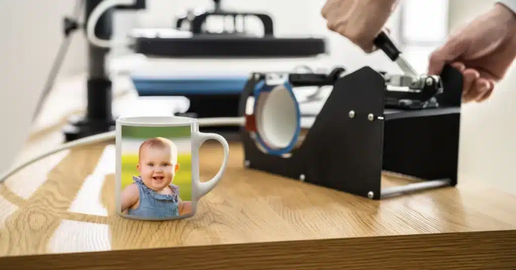 A man heat pressing the sublimation to the tumbler. (Sublimation Heat Guide)