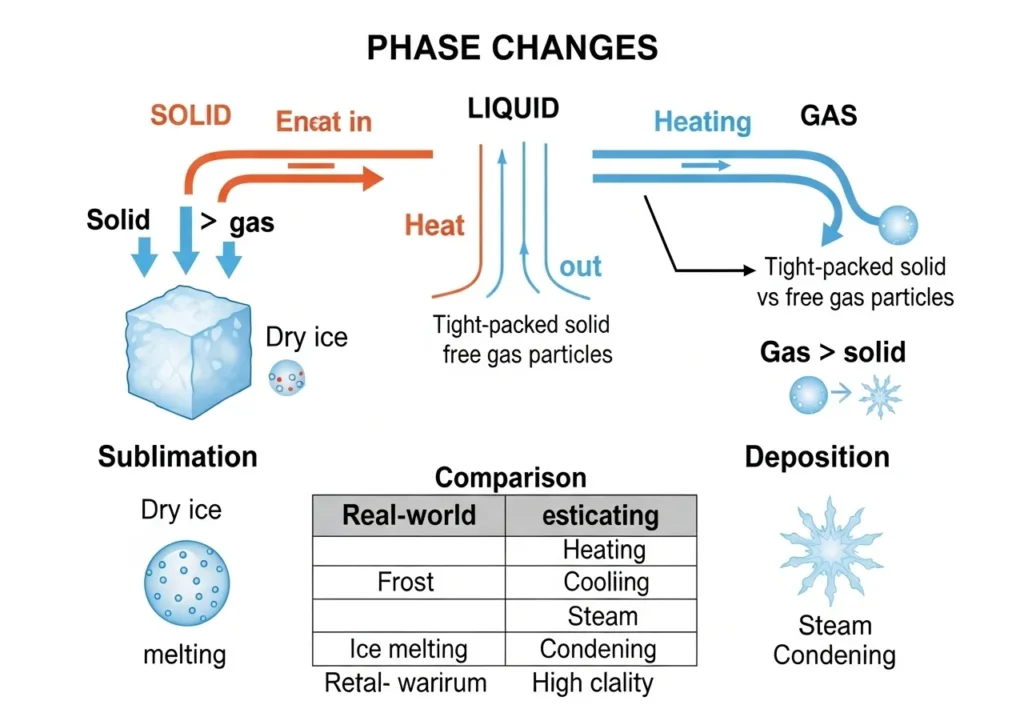 Color-coded science diagram showing sublimation (solid→gas), deposition (gas→solid), melting, freezing, evaporation, and condensation with molecular structures and energy flow arrows.