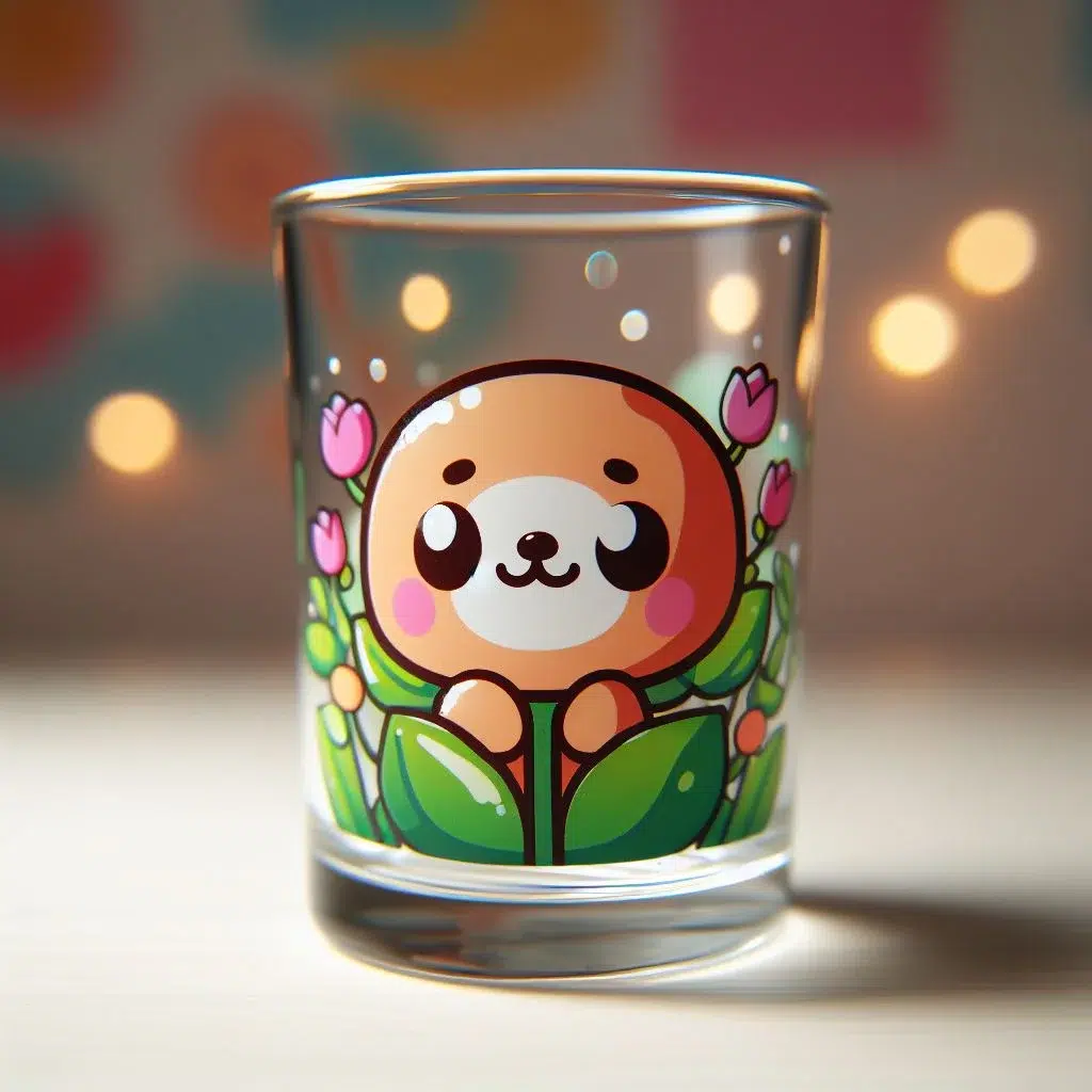 A clear glass with a cute illustration of a brown and white character surrounded by green leaves and pink flowers, set against a backdrop of soft, colorful lights. (Sublimation on Glass)