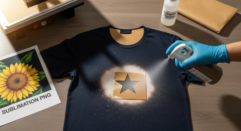 Gloved hand bleaching a dark t-shirt with a stencil to prepare the fabric for sublimation printing.