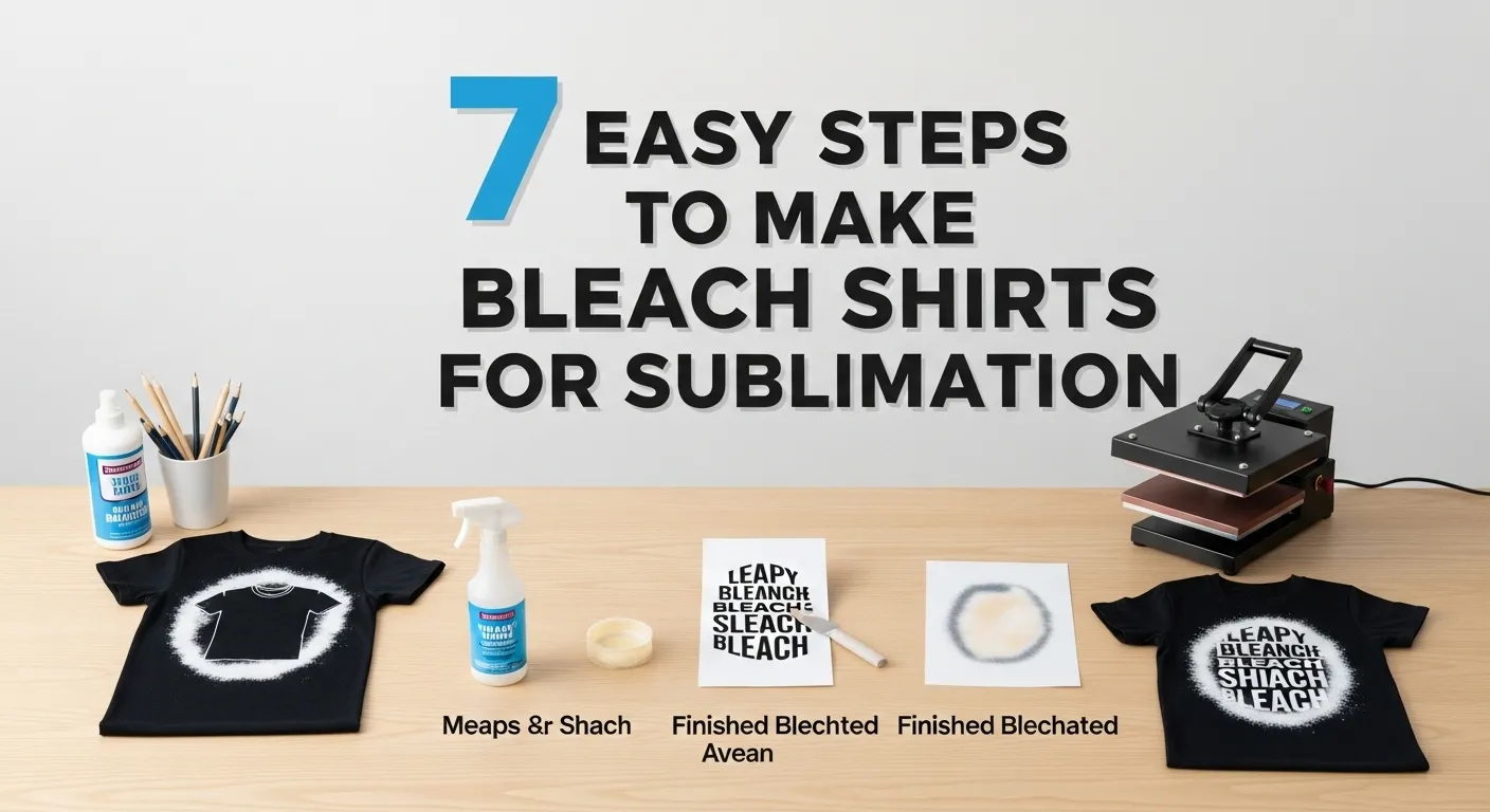 Seven visual steps for making bleach shirts for sublimation, showing a t-shirt, bleach, and sublimation materials.