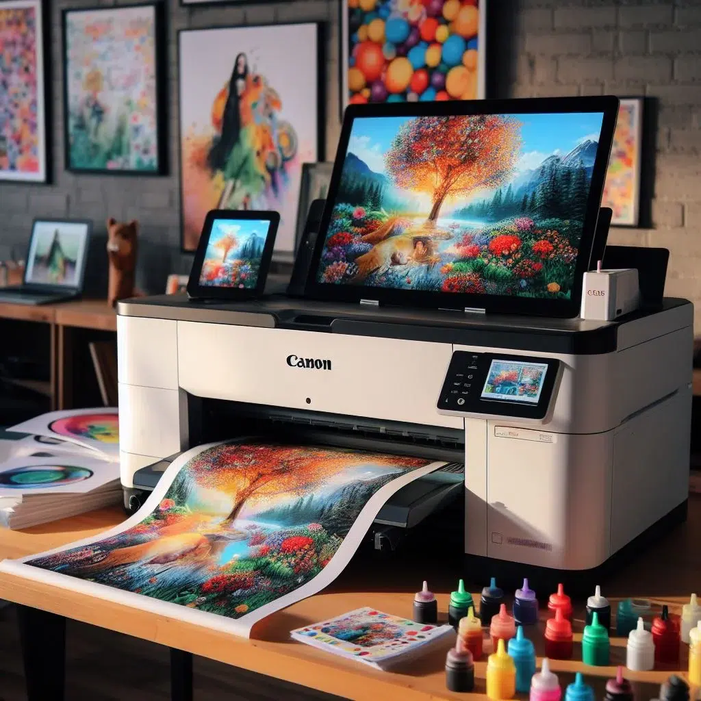A Canon sublimation printer and ink on a table.