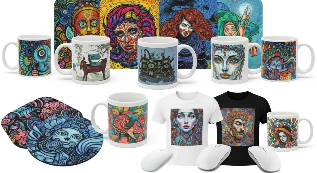 A mug, tumblers, pc mouse and shirt with sublimation.