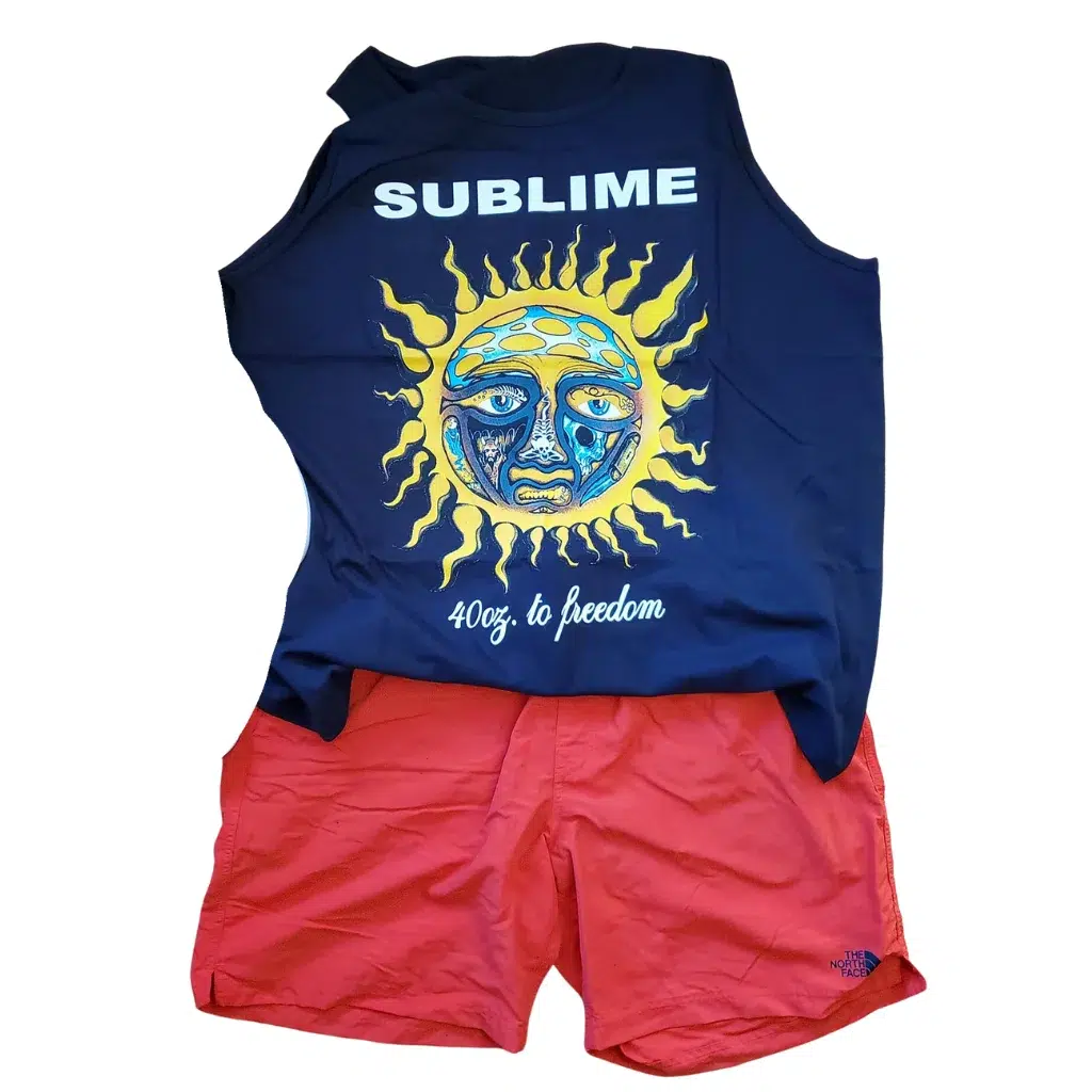 A shirt and pant with white background with logo of Sublime Sun