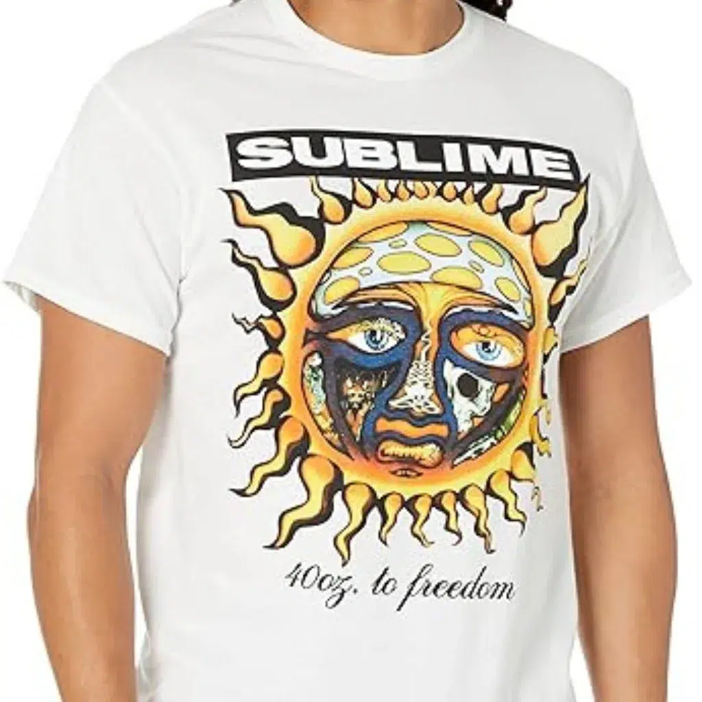 A white shirt with sublime shirt sun logo.