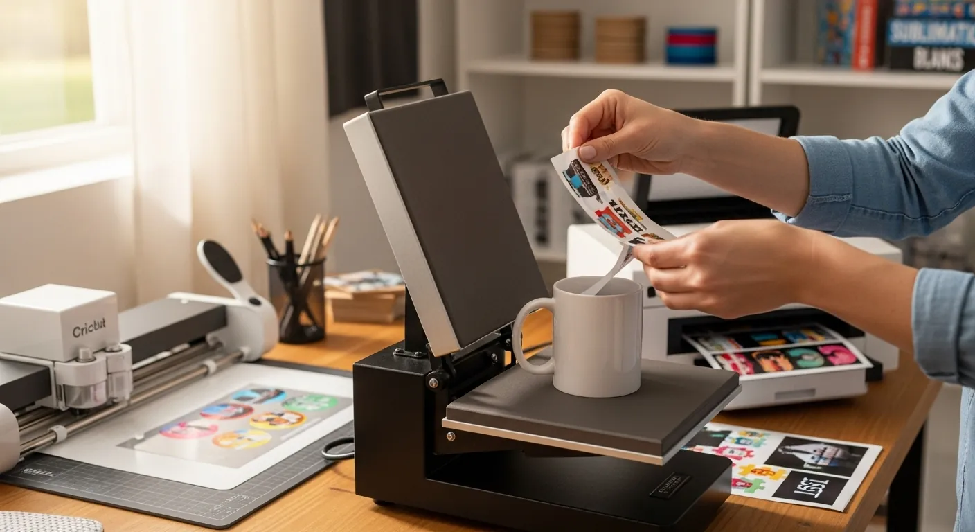 A Cricut machine and sublimation supplies set up on a craft table.