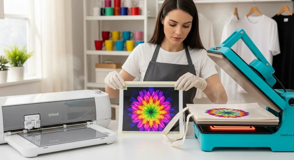 A crafter uses a Cricut EasyPress to apply a colorful floral sublimation print onto a white tote bag, with a Cricut Maker machine on the table beside her.