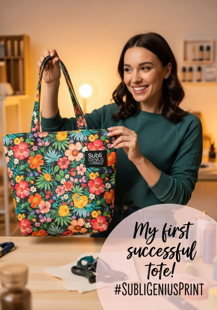 Happy crafter holding vibrant floral sublimated tote bag with Subli Genius Print logo tag, showing successful first project