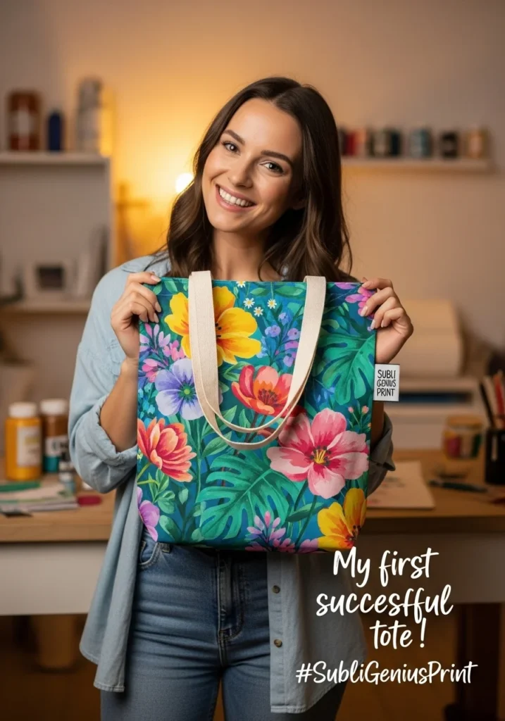 Subli Genius Print sublimated canvas tote after 50 washes vs. new – colors remain bright and fade-resistant
