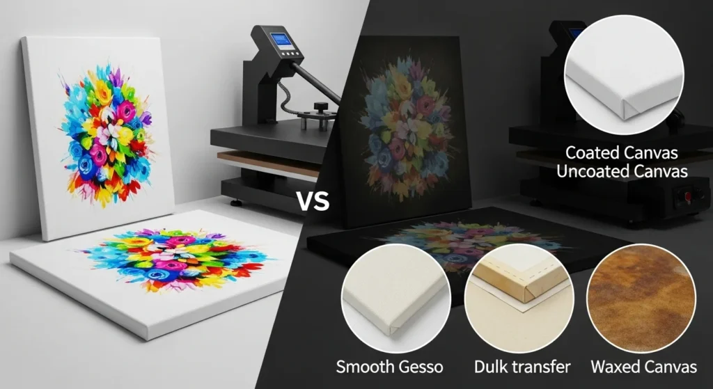 Comparison of sublimation on light vs dark canvas and coated vs uncoated surfaces, showing print clarity and color difference.