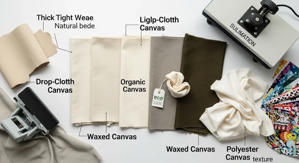 Different canvas fabric types—duck, drop-cloth, organic, waxed, and polyester, displayed with sublimation prints and heat press.