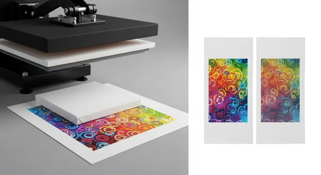 Testing sublimation on a small canvas swatch with heat press, showing vibrant and faded sample prints side by side.