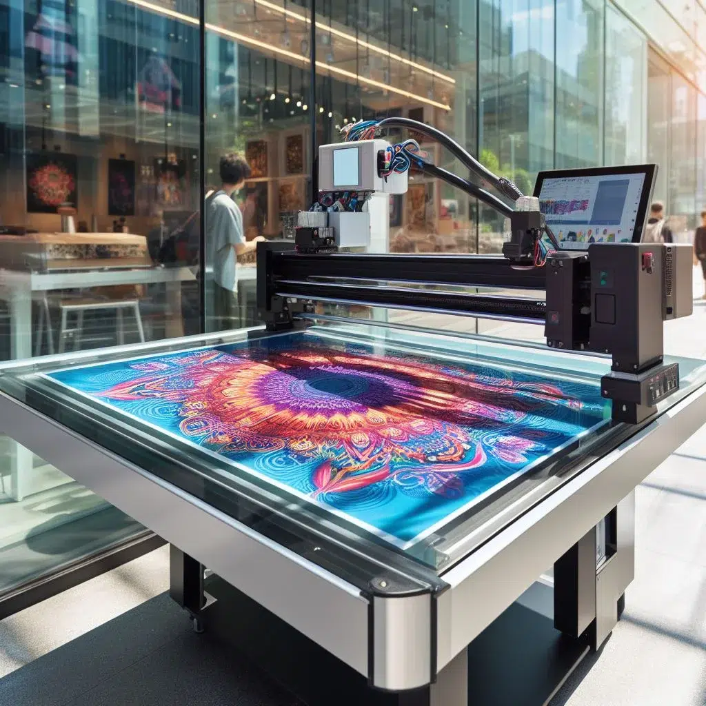 A UV flatbed printer printing a colorful design on a large sheet of paper.