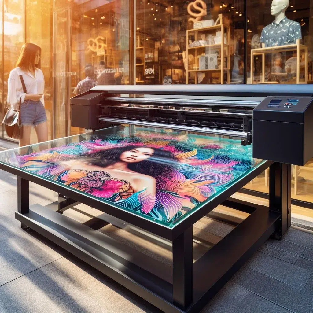 A black UV flatbed printer printing a colorful portrait of a woman with flowers on a large white sheet of paper in a store window.