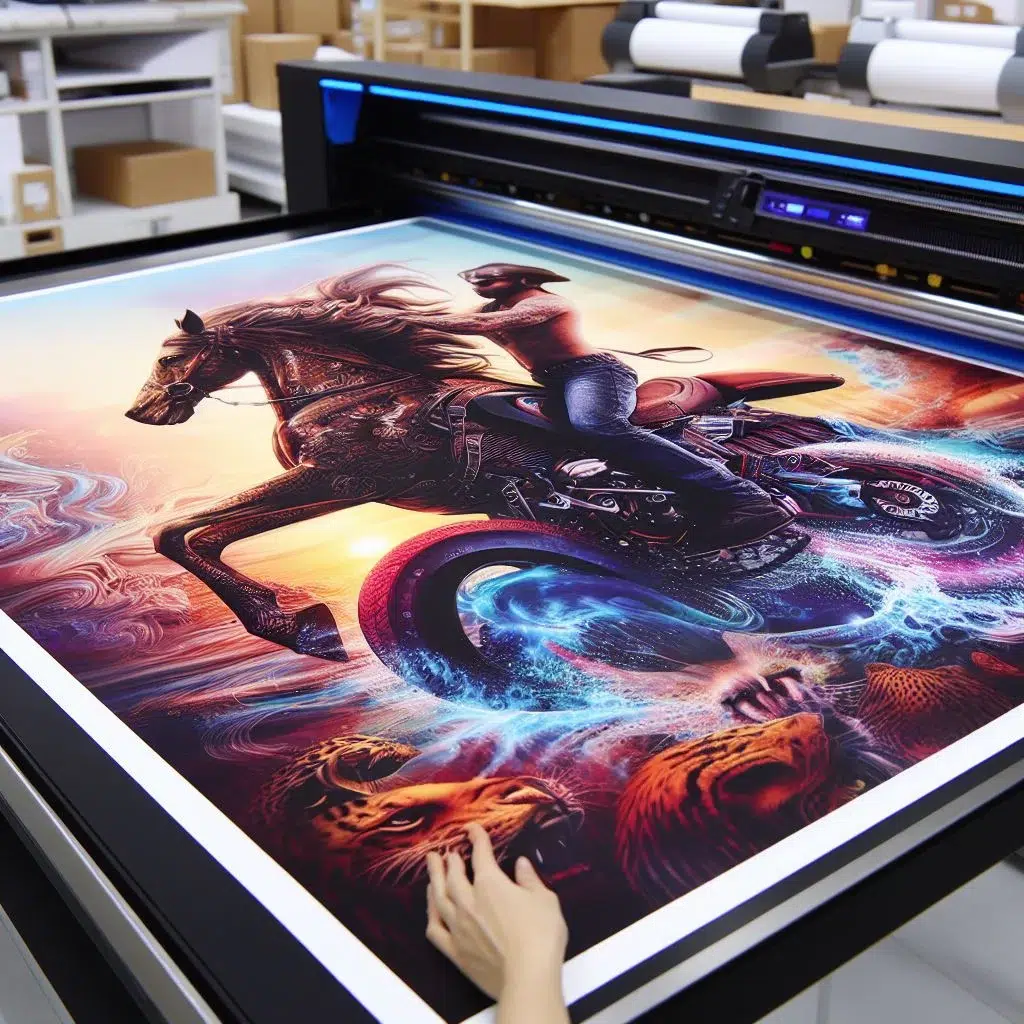 A UV flatbed printer printing a colorful image of a woman riding a horse with a lion and a tiger in the background.