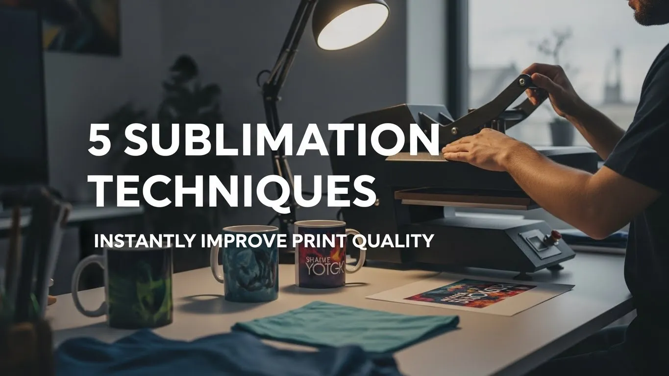 Sublimation workspace showing a heat press and colorful finished prints with the title “5 Sublimation Techniques” and subtitle “Instantly Improve Print Quality.”