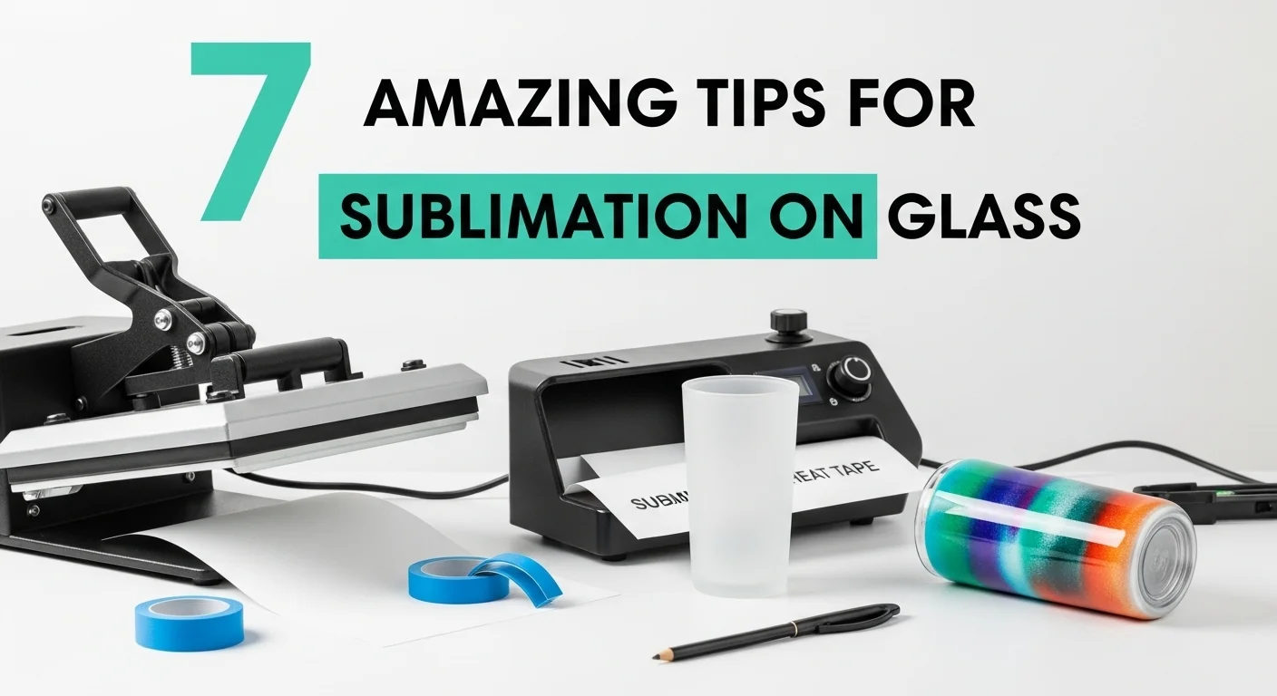 Flat lay of sublimation tools and glassware with text overlay “7 Amazing Tips for Sublimation on Glass.”