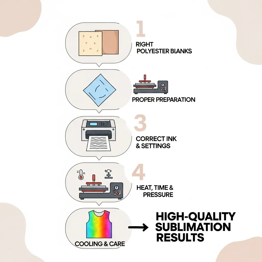 Diagram showing the five-step process to improve sublimation printing quality, from material selection and preparation to pressing and final care.