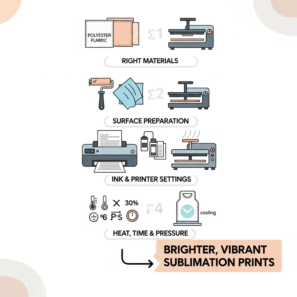 Diagram showing the five-step process for making sublimation prints brighter, from material selection and preparation to pressing and cooling for vibrant results.