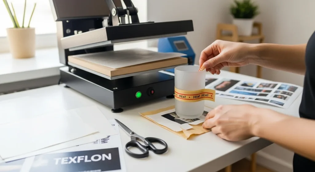 Hands preparing a frosted glass cup with sublimation paper and heat tape near a heat press.