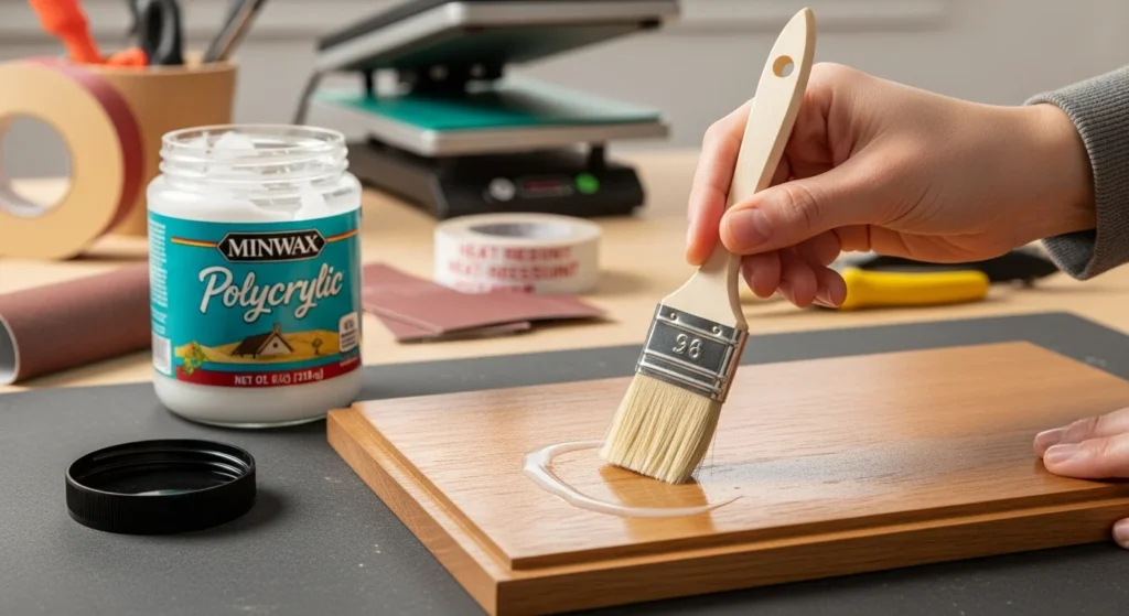 Applying a thin coat of polycrylic on a wooden surface with a foam brush for sublimation preparation.