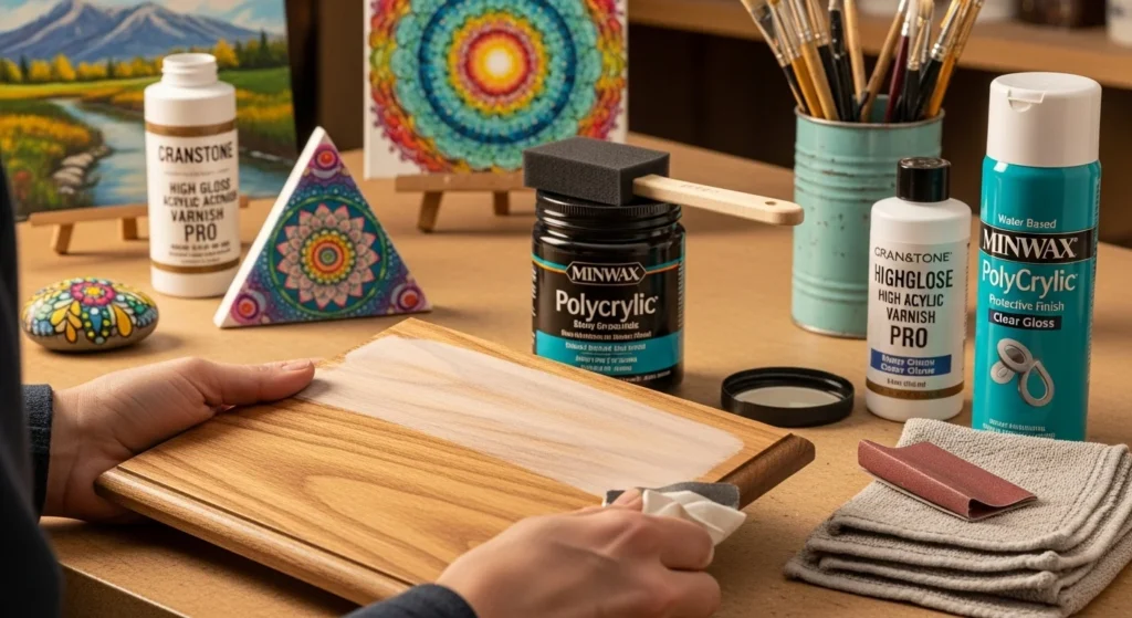 Sanding polycrylic-coated wood with 400-grit sandpaper before applying the final coat for sublimation.