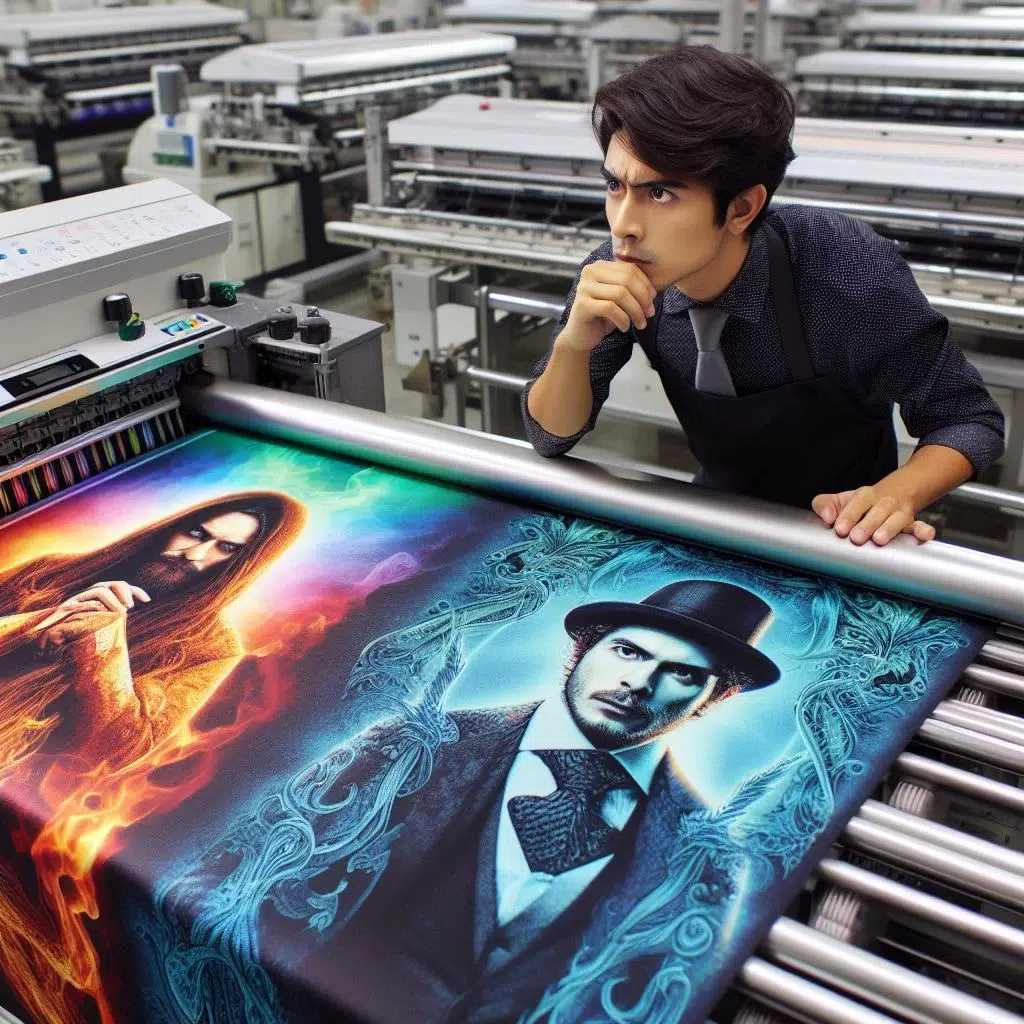 A person examining a large, colorful print featuring artistic representations of two characters, one engulfed in flames and the other in cool tones, amidst a printing facility. (Dye Sublimation vs. Digital Printing)