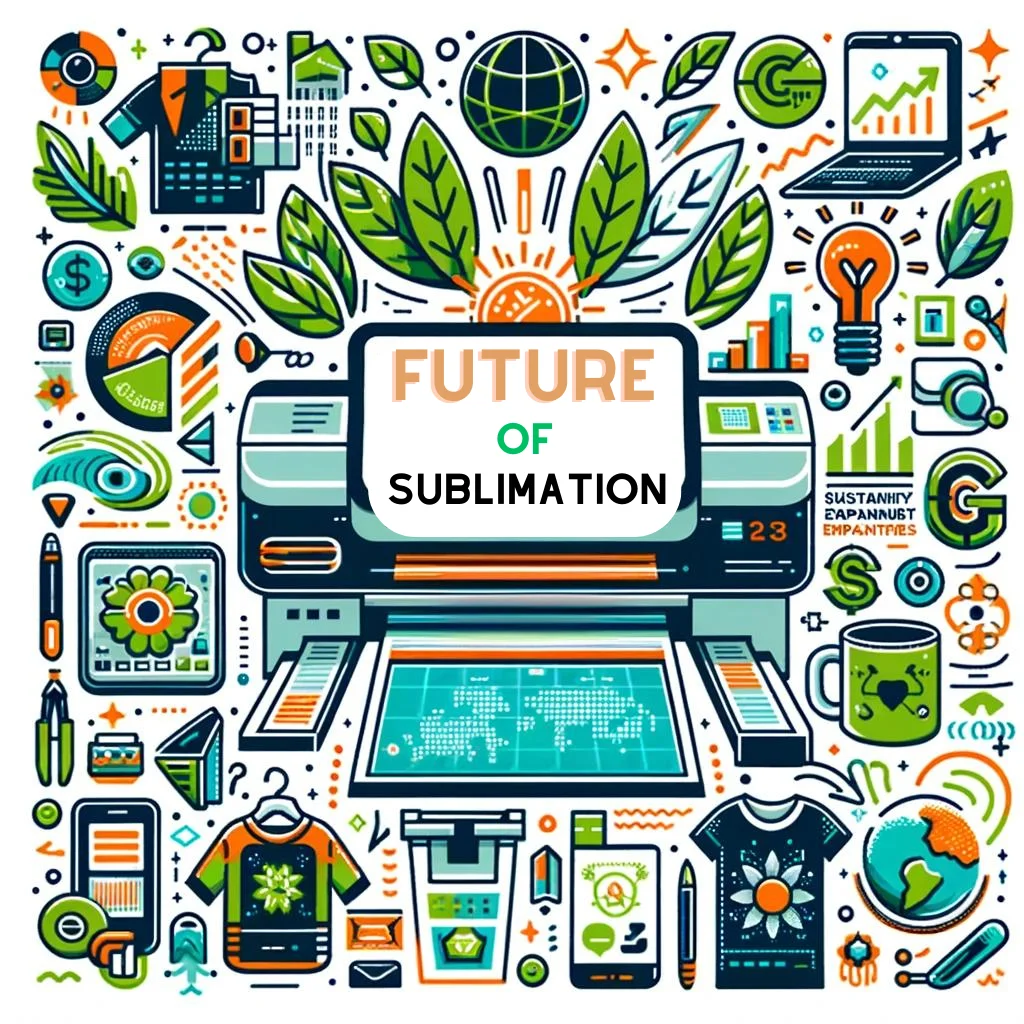 A vibrant, colorful image depicting the future of sublimation printing. It showcases technological advancements, market expansion, sustainability efforts, and emerging opportunities in the industry.