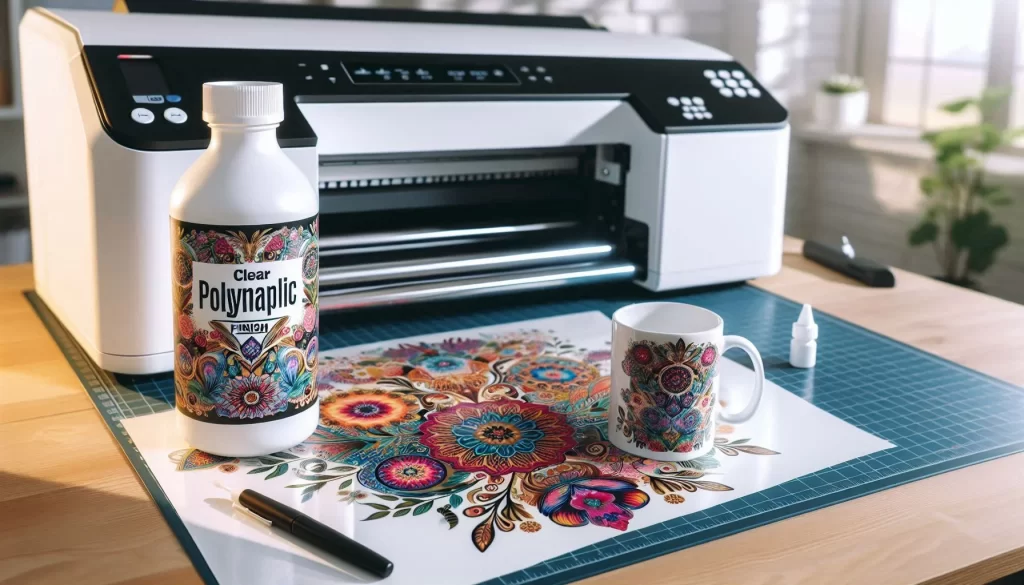 A bottle of Clear Polycrylic finish is placed on a desk next to a cutting machine and a white mug. Printed colorful sublimation designs with floral patterns are spread out on the desk, suggesting a crafting or printing project involving the application of these designs onto objects like the mug using Polycrylic.