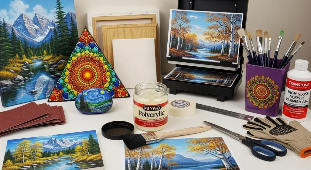 Craft table with polycrylic, tools, and materials for sublimation project.